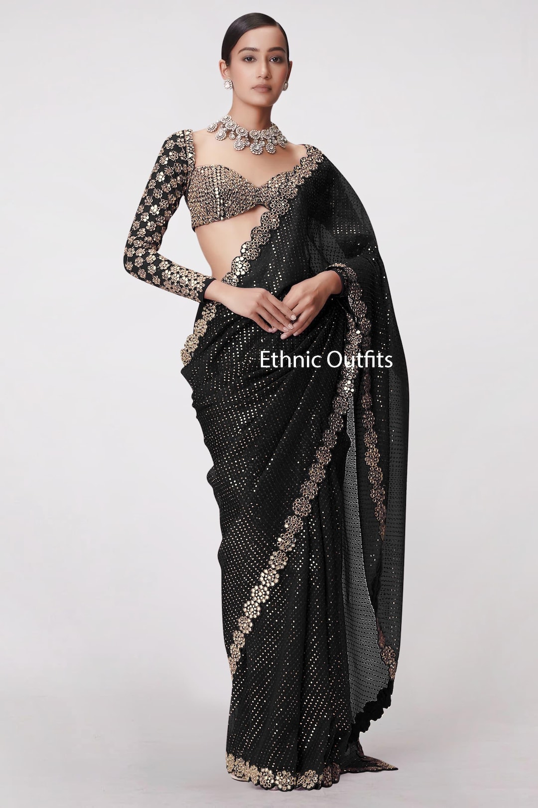 Beautiful Black Saree for Women Indian Wedding Party Wear Sari ...