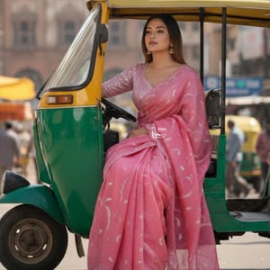 Perfect Pink Tissue Saree For Women Indian Wedding Party Wear Sari Bollywood Style Saree Designer Saree With Blouse Reception, Sangeet Wear image 8