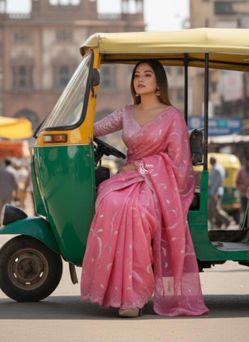 Perfect Pink Tissue Saree For Women Indian Wedding Party Wear Sari Bollywood Style Saree Designer Saree With Blouse Reception, Sangeet Wear image 8