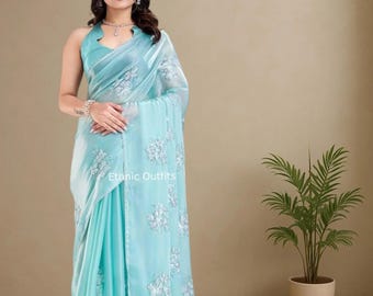 Increíble sari azul cielo para mujer, estilo Bollywood, de organza, listo para usar en la recepción, Sangeet Wear, trajes étnicos.
