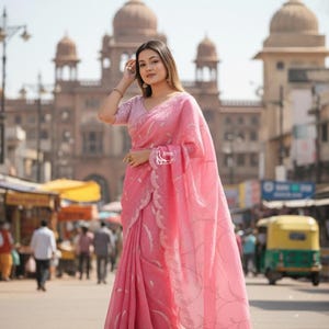 Perfect Pink Tissue Saree For Women Indian Wedding Party Wear Sari Bollywood Style Saree Designer Saree With Blouse Reception, Sangeet Wear image 3