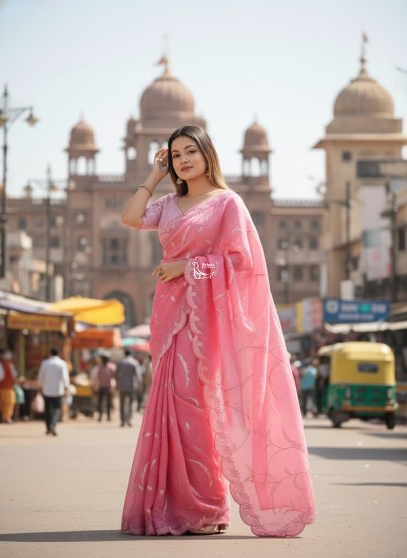 Perfect Pink Tissue Saree For Women Indian Wedding Party Wear Sari Bollywood Style Saree Designer Saree With Blouse Reception, Sangeet Wear image 3
