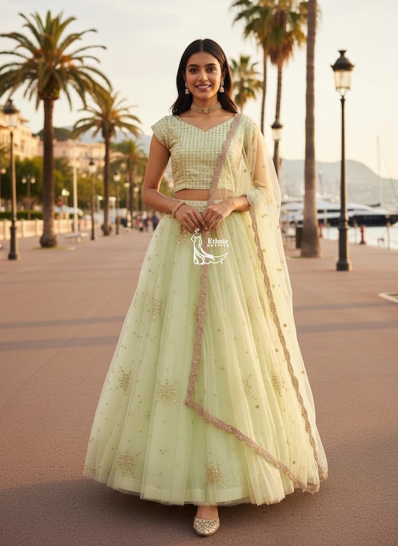Net Lehenga Choli for Women: Pista Green Heavy Embroidered Wedding Indian Outfit