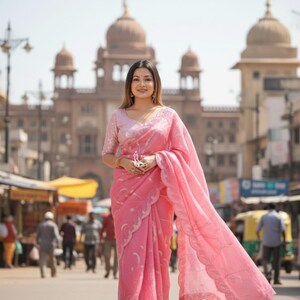 Perfect Pink Tissue Saree For Women Indian Wedding Party Wear Sari Bollywood Style Saree Designer Saree With Blouse Reception, Sangeet Wear image 2