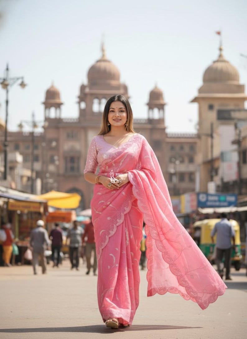 Perfect Pink Tissue Saree For Women Indian Wedding Party Wear Sari Bollywood Style Saree Designer Saree With Blouse Reception, Sangeet Wear image 2
