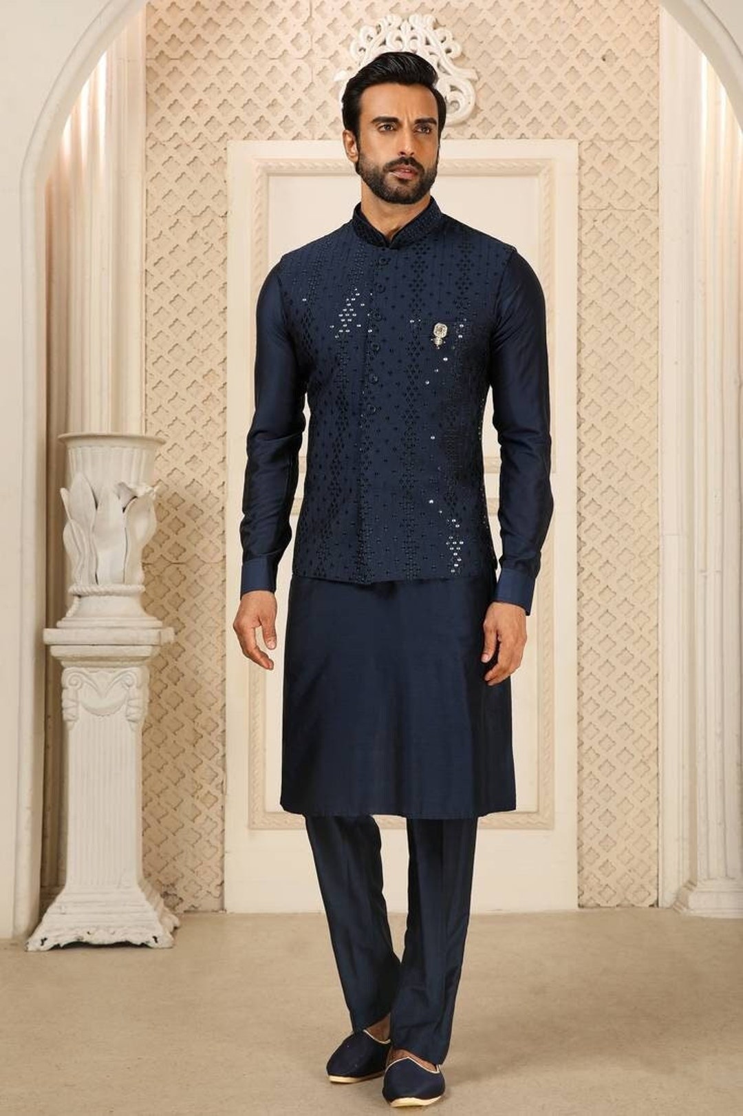Blue kurta pajama with waistcoat hotsell