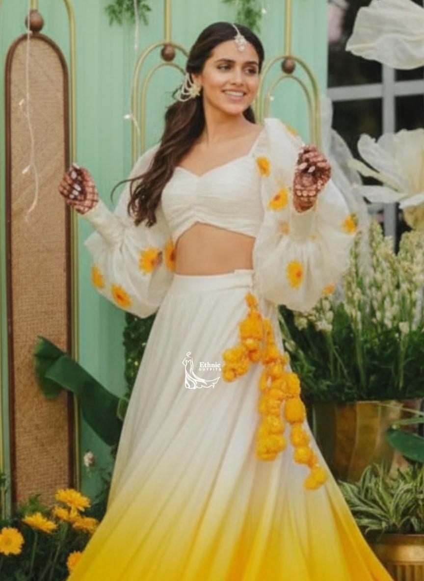 haldi ceremony dress for ladies White and Yellow Outfit: Indian Ceremonial Printed Lehenga Choli Set size_filter|XS