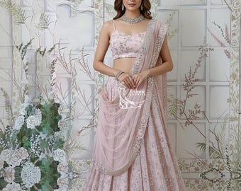 Lehenga Choli rosa claro para mulheres: Conjunto de casamento, traje tradicional indiano para recepção.