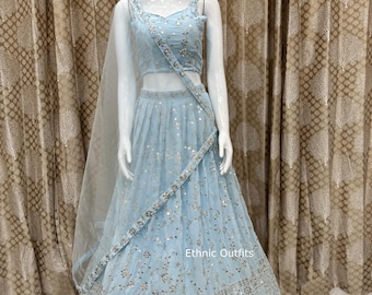Sky Blue Party Wear lehenga choli Briedsmaids lehanga choli Indian Function lehnga choli Sangeet lengha choli Wedding Ready made lahenga