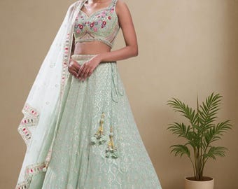 lehenga choli verde pastel para recepción, lengha choli para fiesta, lengha choli a medida, ghaghra choli para boda india, listo para usar