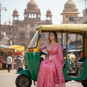 Perfect Pink Tissue Saree For Women Indian Wedding Party Wear Sari Bollywood Style Saree Designer Saree With Blouse Reception, Sangeet Wear image 4