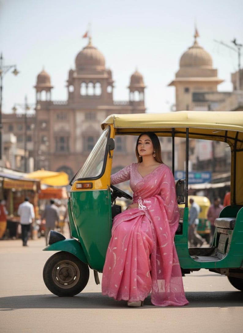 Perfect Pink Tissue Saree For Women Indian Wedding Party Wear Sari Bollywood Style Saree Designer Saree With Blouse Reception, Sangeet Wear image 4