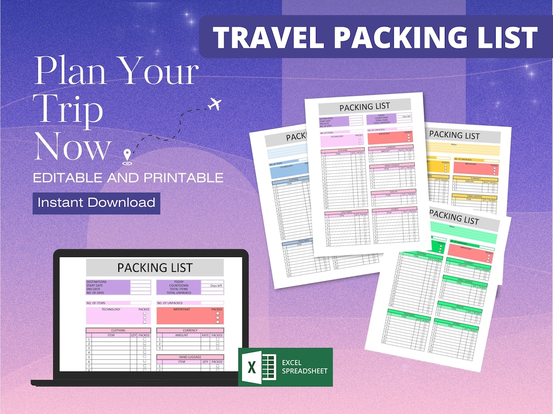 Travel Packing List Template Excel Travel Planner Digital - Etsy