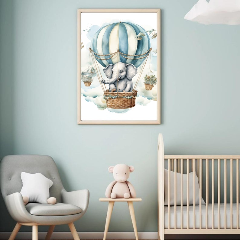 Watercolor Baby Elephant Printable Painting, Nursery Wall Art Decor