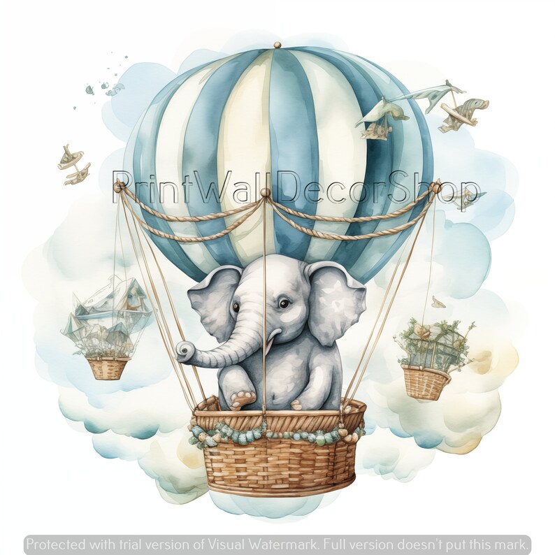 Watercolor Baby Elephant Printable Painting, Nursery Wall Art Decor