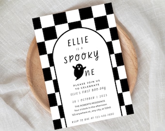 Spooky One Birthday Invitation: Checkered Halloween Theme (Digital PDF)