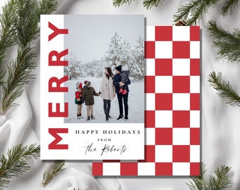 Checkered Christmas Card Template: Modern Holiday Design (Canva, Printable)