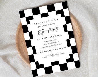 Checkered Baby Shower Evite Template: Black and White (Digital PDF)