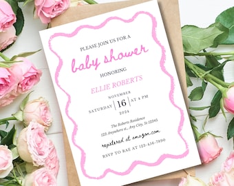Scallop Edge Baby Shower Invite: Pink Wavy Border (Printable 5x7)