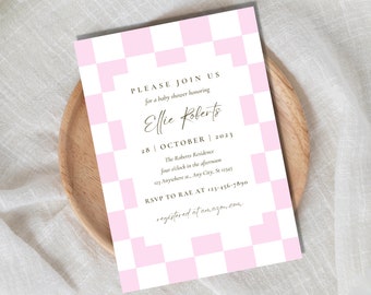 Pink Checkered Baby Shower Invitation: Editable Canva Template (Digital Download)