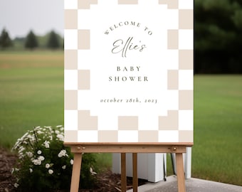 Checkered Baby Shower Welcome Sign: Neutral Beige Printable (Digital Download)