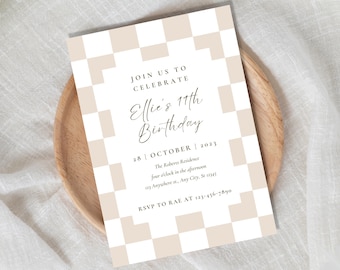 Checkered Birthday Party Invitation: Beige Checker Design (PDF)