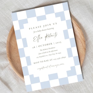 Blue Checkered Baby Shower Invitation, Baby Boy Checkers Baby Shower Invitation, Baby Shower Invite, Beige Baby Shower Invitation, Blue