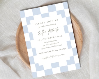 Blue Checkered Baby Shower Invitation: Editable Canva Template (Digital Download)