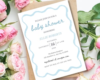 Scallop Edge Baby Shower Invite: Blue Wavy Border (Printable 5x7) (PDF)