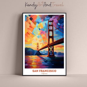 San Francisco California Abstract Travel Poster, Golden Gate Bridge Travel Print Art Retro Vintage Wall Decor Maximalist Digital Download