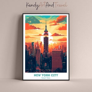 New York City USA Travel Poster, United States of America Travel Print Art Retro Vintage Wall Print Maximalist Digital Download Abstract