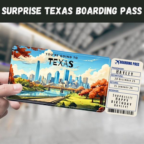 Texas USA Trip Surprise Gift Ticket - You're Going to TEXAS - Printable, Flight, Boarding Pass, Editable, Travel Print