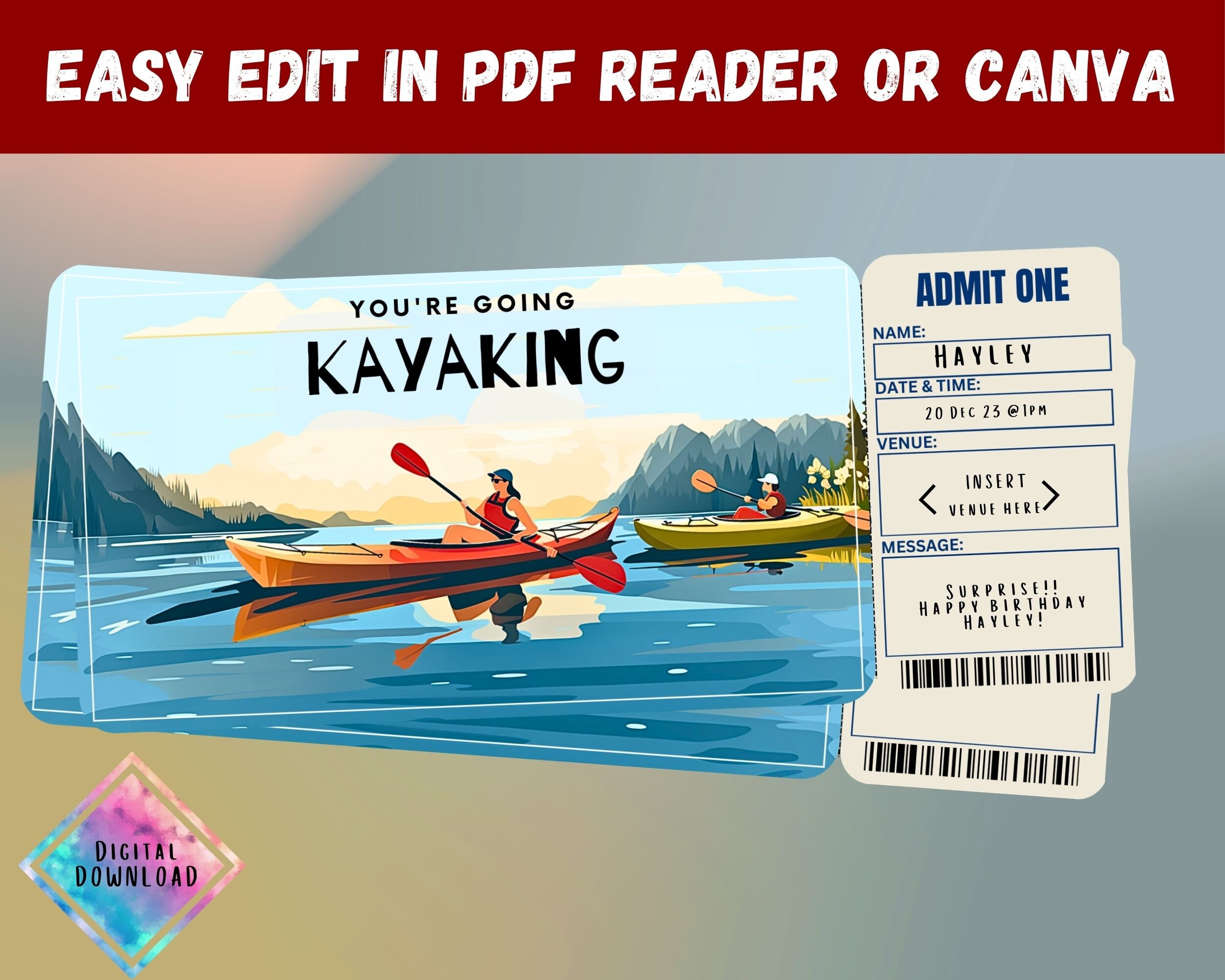 Kayaking Surprise Gift Ticket: Printable Travel Invitation (editable ...