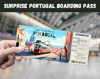 May include: A vintage-style boarding pass with a picture of a tram in Lisbon, Portugal. The boarding pass is for Hayley and says "You're going to Portugal". The message on the boarding pass says "Surprise!! Happy Birthday Hayley!"