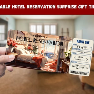 Boleto de regalo sorpresa de reserva de hotel - Tiene UNA RESERVA DE HOTEL - Imprimible, Pase, Editable, Descarga instantánea, Invitación impresa de viaje