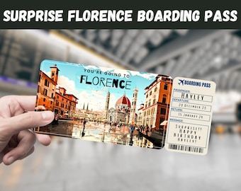 May include: A vintage-style boarding pass with a photo of the Ponte Vecchio bridge in Florence, Italy. The boarding pass is for a trip to Florence and says "You're going to Florence". The boarding pass has a message that says "Surprise!! Happy Birthday Hayley!"