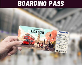 May include: A rectangular novelty boarding pass featuring a red double-decker bus and Big Ben in London. The text reads YOU'RE GOING TO LONDON, BOARDING PASS, PASSENGER HAYLEY, DEPARTURE 20 DECEMBER 23, RETURN 15 JANUARY 24, and SURPRISE HAPPY BIRTHDAY HAYLEY.