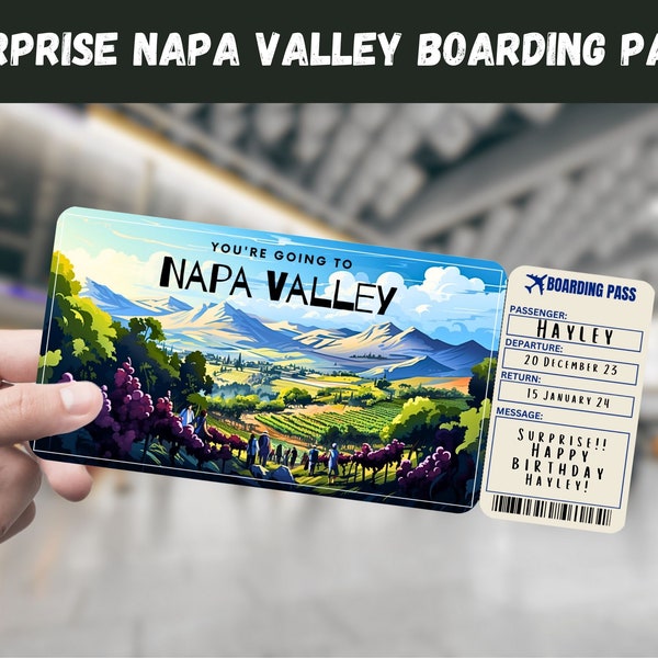 Napa Valley, SF CA USA Trip Surprise Gift Ticket - You're Going to Napa Valley - Printable, Flight, Boarding Pass, Editable, Travel Print