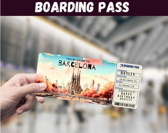 Barcelona Spain Boarding Pass, Surprise Trip Reveal, Travel Gift, Editable (Digital Download)
