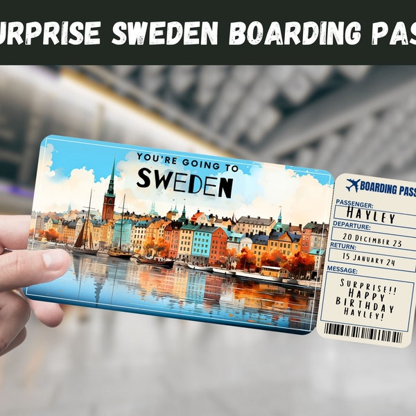 Sweden Trip Surprise Gift Ticket - You're Going to SWEDEN - Printable, Flight, Boarding Pass, Editable, Instant Download, Travel Print