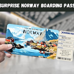 Billet cadeau surprise voyage en Norvège - Vous allez en Norvège - Imprimable, vol, carte d'embarquement, modifiable, téléchargement immédiat, impression de voyage