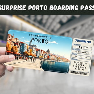 Billet cadeau voyage surprise à Porto, Portugal - Vous allez à PORTO, vol, carte d'embarquement, modifiable, téléchargement immédiat, impression de voyage