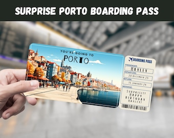 Boleto de regalo sorpresa de viaje de Oporto, Portugal - Vas a OPORTO, Vuelo, Tarjeta de embarque, Editable, Descarga instantánea, Impresión de viaje