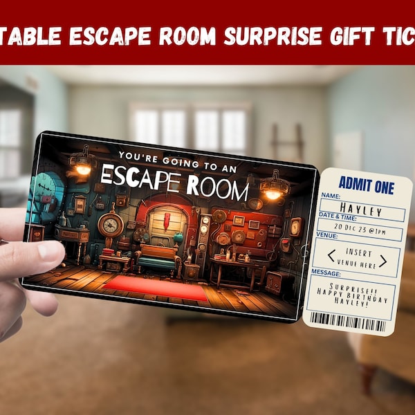 Escape Room Surprise Geschenkkarte - Sie gehen zu einem ESCAPE ROOM - Printable, Pass, Bearbeitbar, Sofort-Download, Reise-Printeinladung