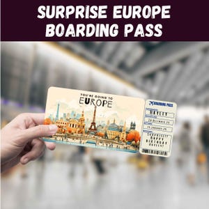 Tarjeta de embarque para Europa, revelación de viaje sorpresa, regalo de viaje, editable (descarga digital)
