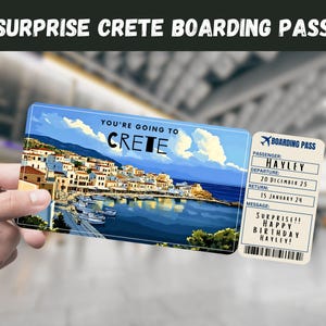 Billet cadeau voyage en Crète, Grèce - Vous allez en Crète - version imprimable, vol, carte d'embarquement, téléchargement immédiat, impression de voyage
