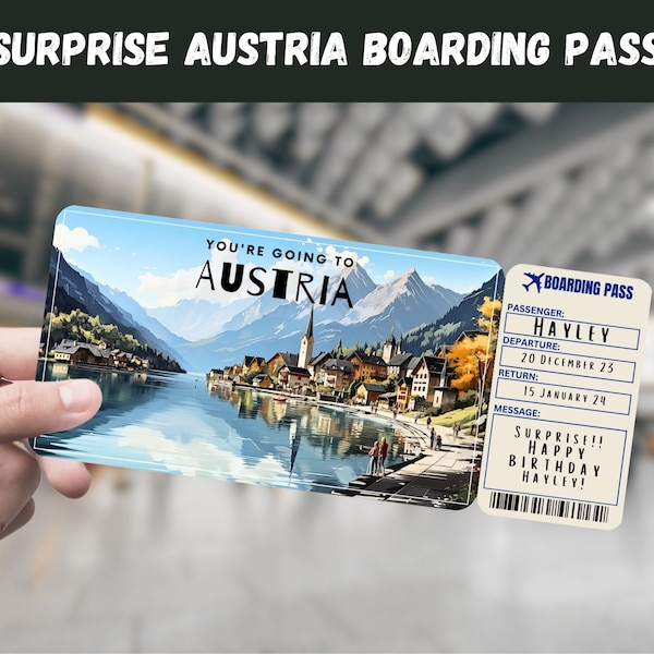 Austria Trip Surprise Gift Ticket - You're Going to AUSTRIA - Printable, Flight, Boarding Pass, Editable, Instant Download, Travel Print