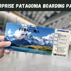 Billet cadeau Patagonia Trip Surprise - Vous allez en PATAGONIE - Imprimable, vol, carte d'embarquement, modifiable, impression de voyage