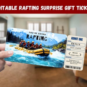 Rafting Surprise Gift Ticket - You're Going RAFTING - Printable, Pass, Editable, Instant Download, Travel Print Invitation