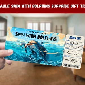 Boleto de regalo sorpresa para nadar con delfines - Vas a NADAR CON DELFINES - Imprimible, Pase, Editable, Instantáneo, Invitación impresa de viaje